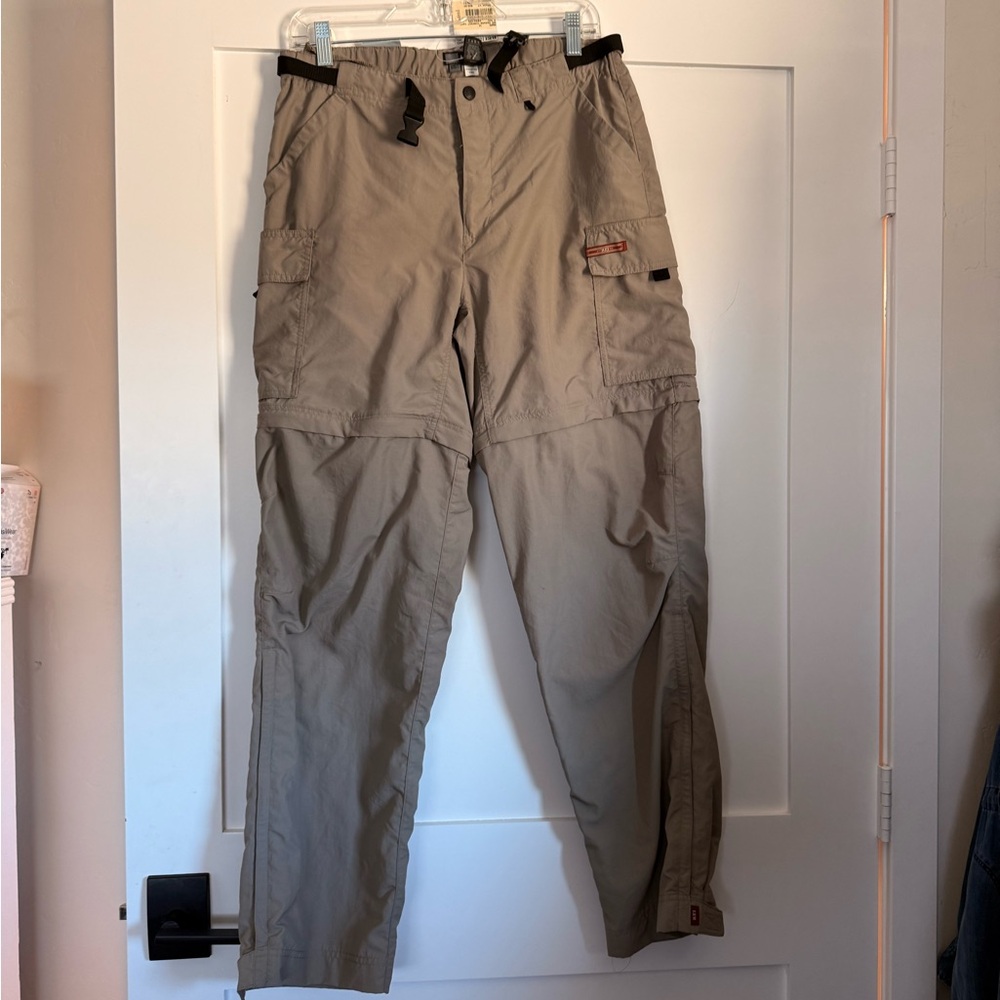 REI women’s Convertible Cargo Pants in Light Khaki with Black Belt Accents